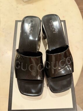 Gucci Black Patent Logo Slide Mules